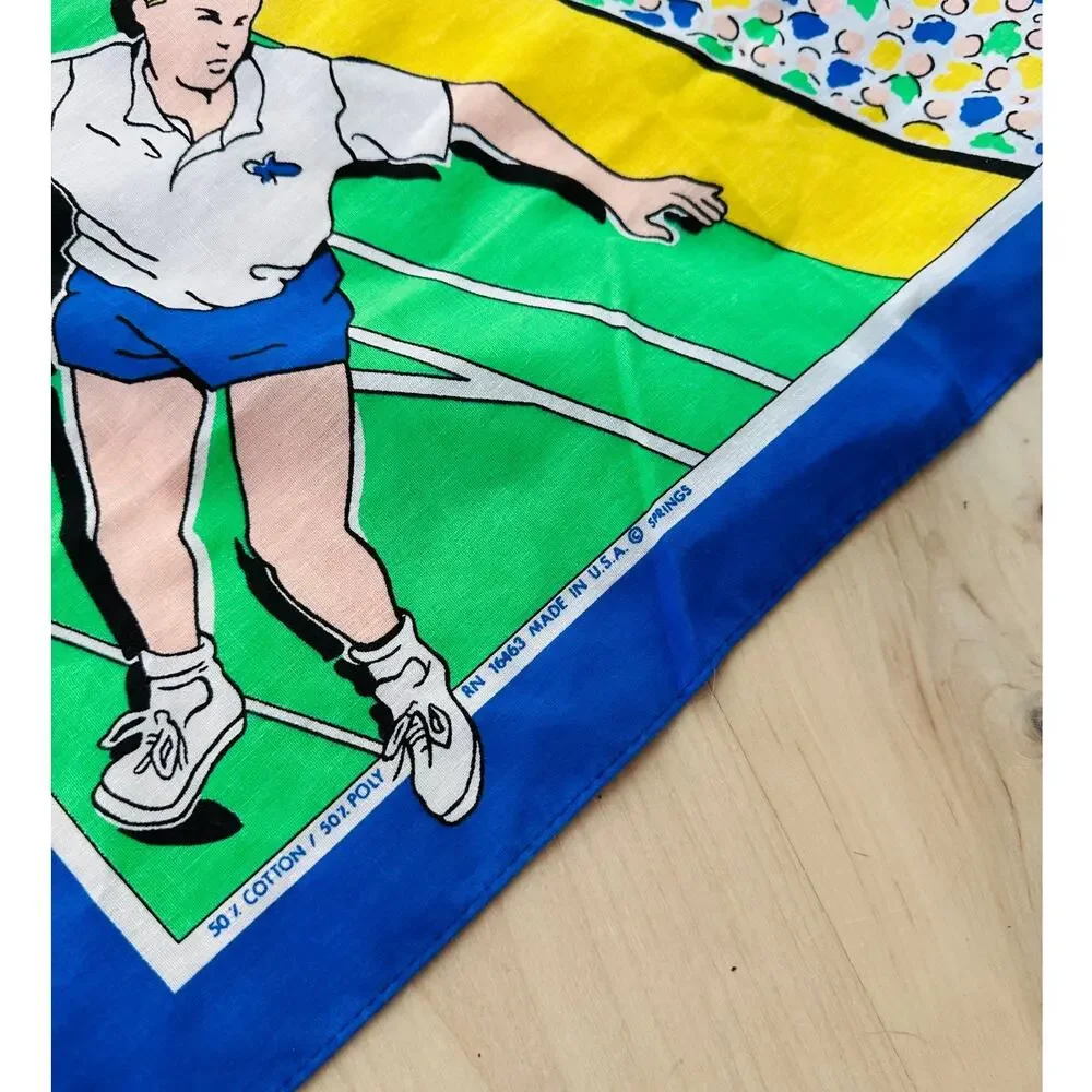 Vintage Novelty Neck Scarf Motif Tennis Summer Spring Happy Colors USA Made